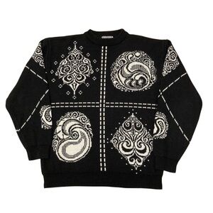 Vtg Wool Blend Paisley Diamond Knit Sweater Bandana Retro Eclectic Mens Large